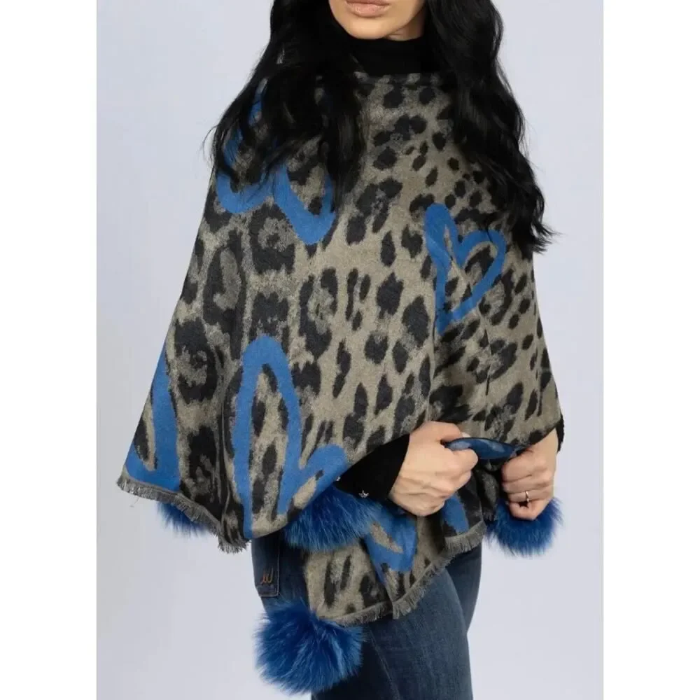 LaBelle Furs Wide Woven Leopard Print Heart Scarf with Fox Pom Poms